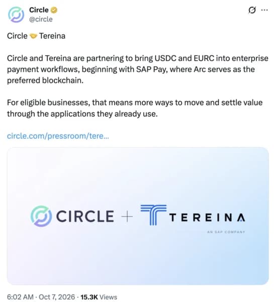 Circle brings USDC, EURC payments to SAP customers through Tereina